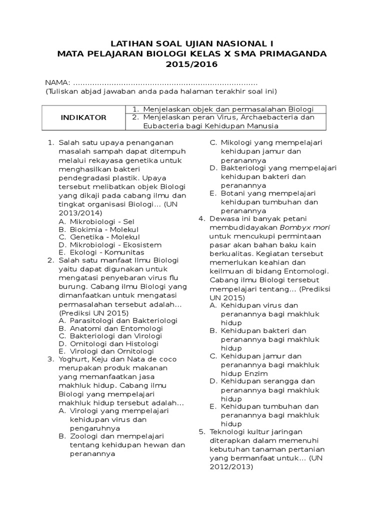 Latihan Soal Ujian Nasional Konsep Biologi, Virus Dan