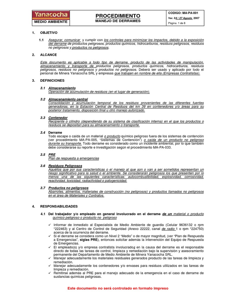 Procedimiento para Manejo de Derrames | PDF | Residuos | Sustancias ...