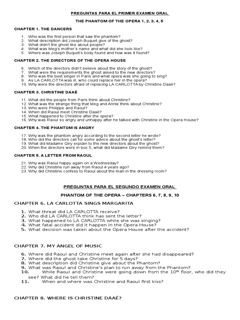 Phantom of the Opera Exam Questions | PDF | Erik (The Phantom Of The ...