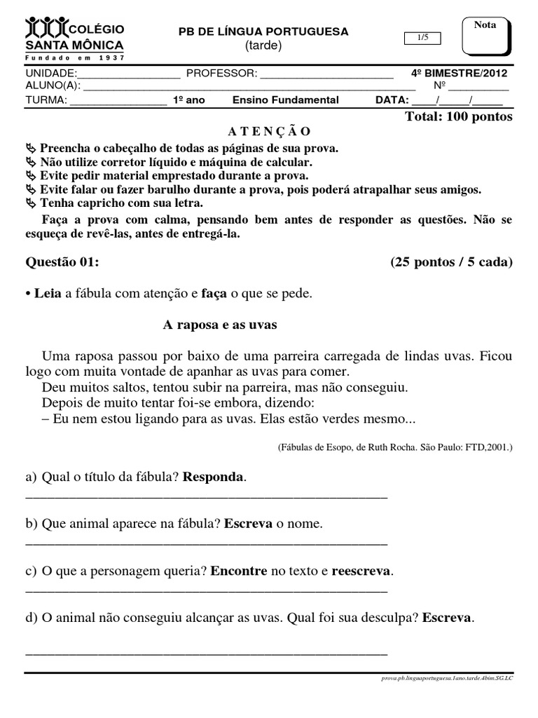 Prova de Língua Portuguesa - 1º Ano | PDF