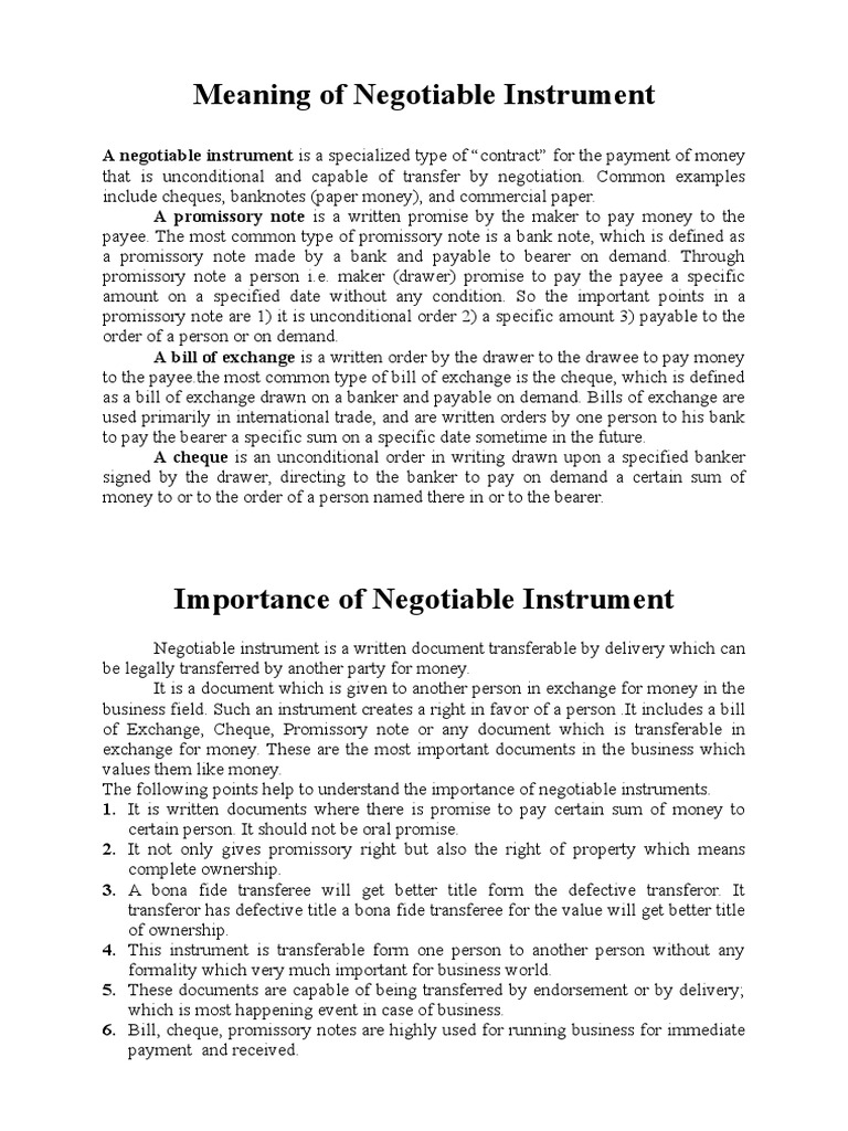 Importance of Negotiable Instument Negotiable Instrument Promissory