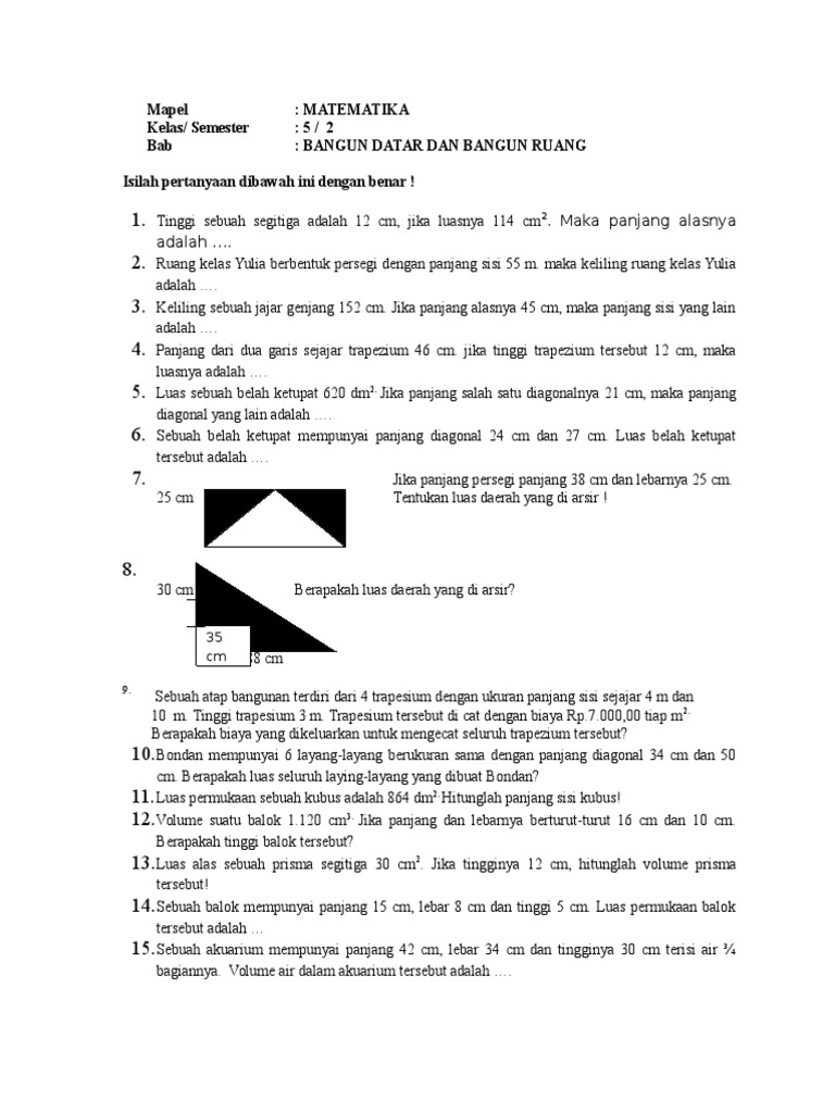 soal matematika kelas 5 semester 2 tentang  bangun  datar 