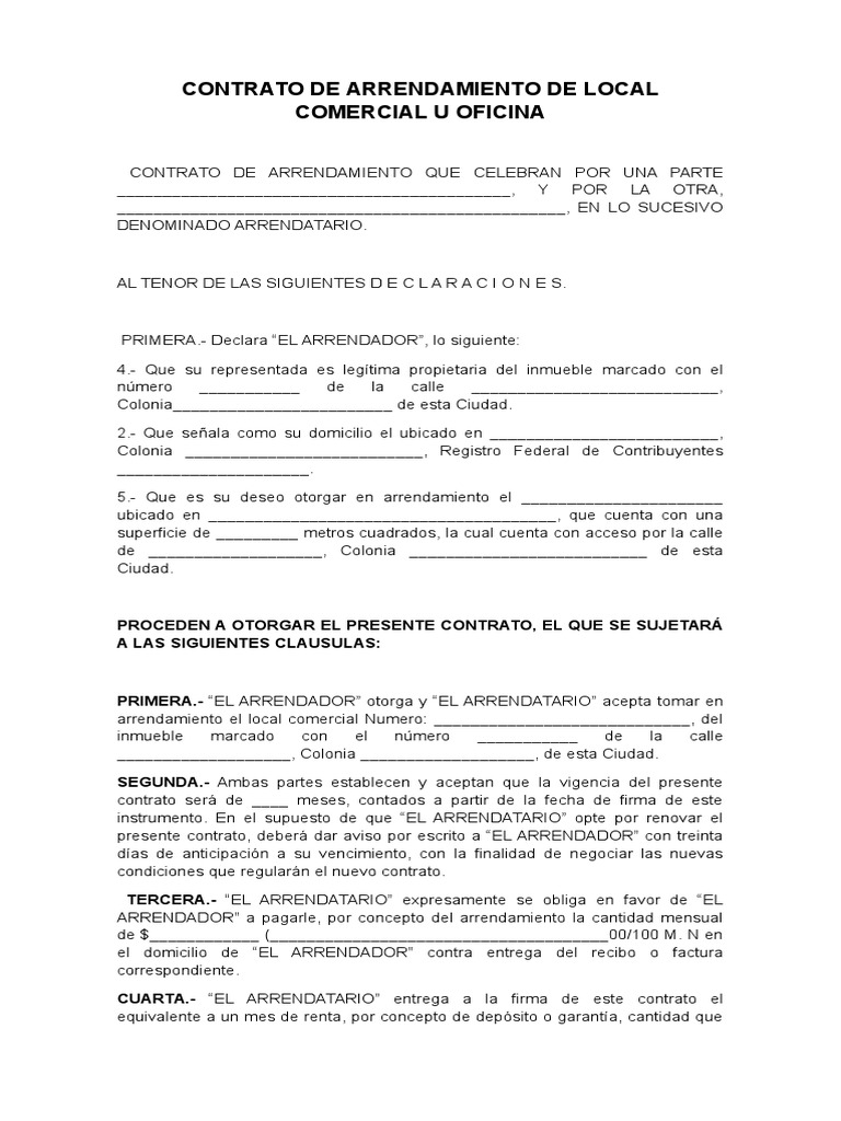 Contrato de Arrendamiento de Local Comercial u Oficina