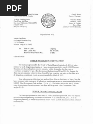Santa Clara County Claim Rejection Letter