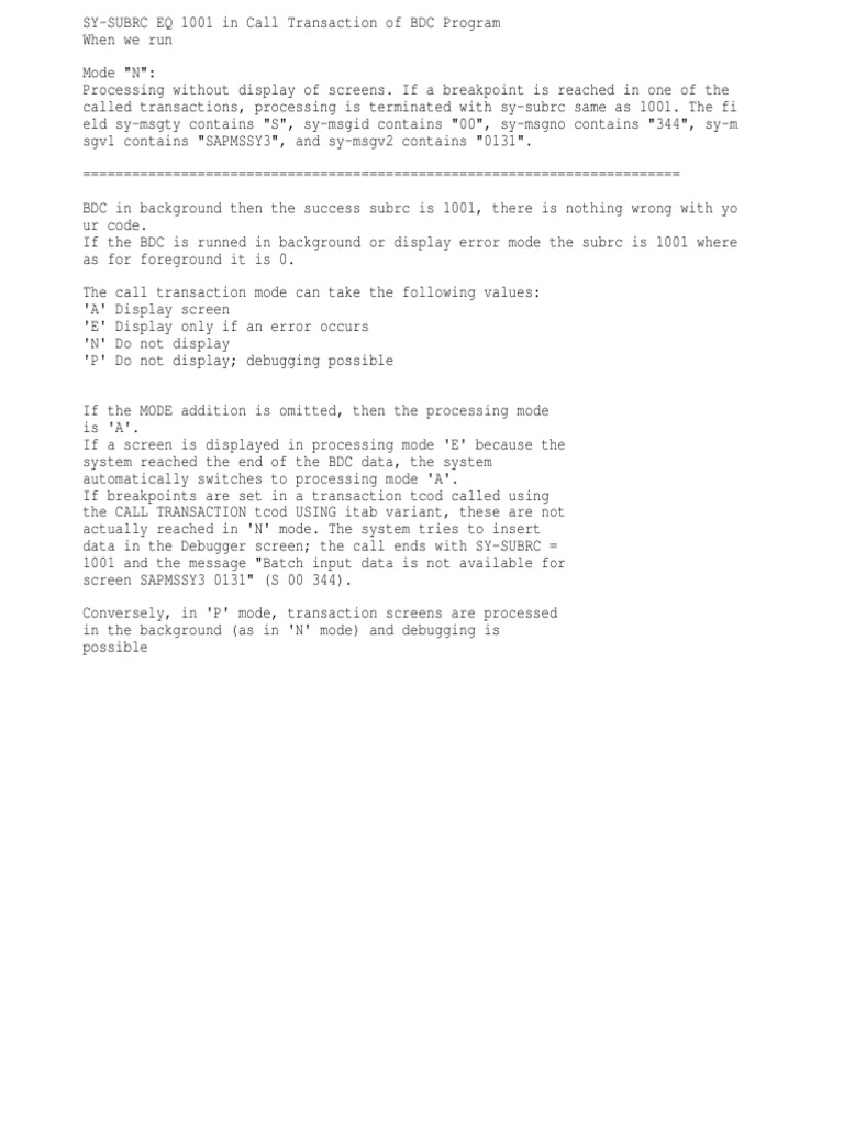 SY-SUBRC 1001 in BDC Call Transactions | PDF | Computers