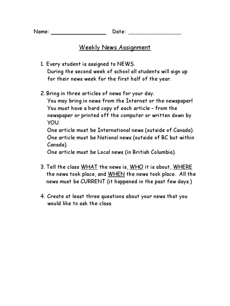 Weekly News Assignment Guidelines | PDF