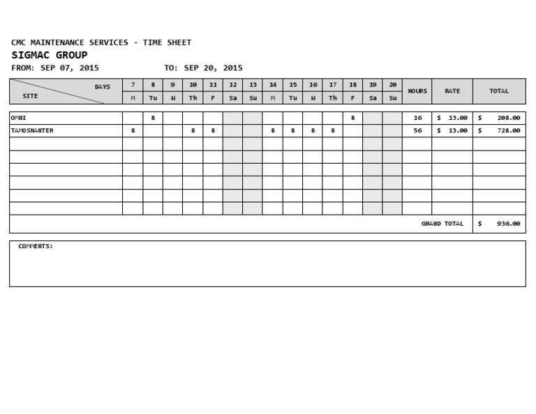 Sigmac Group: CMC Maintenance Services - Time Sheet FROM: SEP 07, 2015 ...