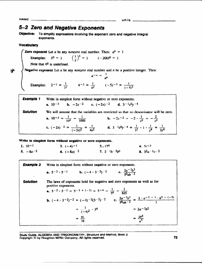 AT3 Zero and Negative Exponent Worksheet 5-2 | PDF