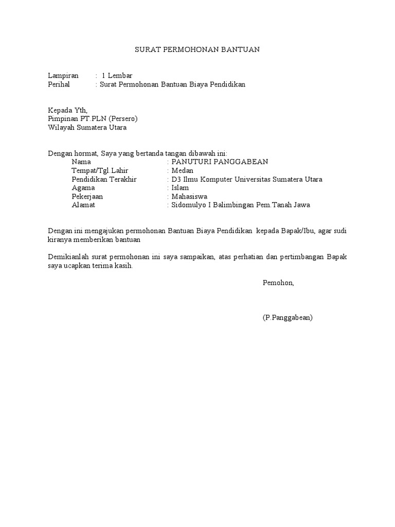Contoh Surat Permohonan Bantuan Dana Pendidikan