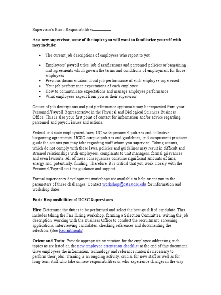 Supervisor Job Description Supervisor Performance Appraisal