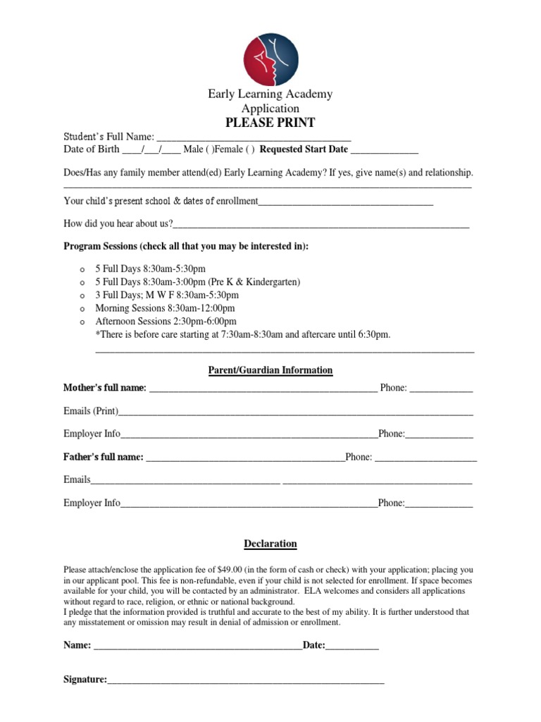 Early Learning Academy Application Form | PDF