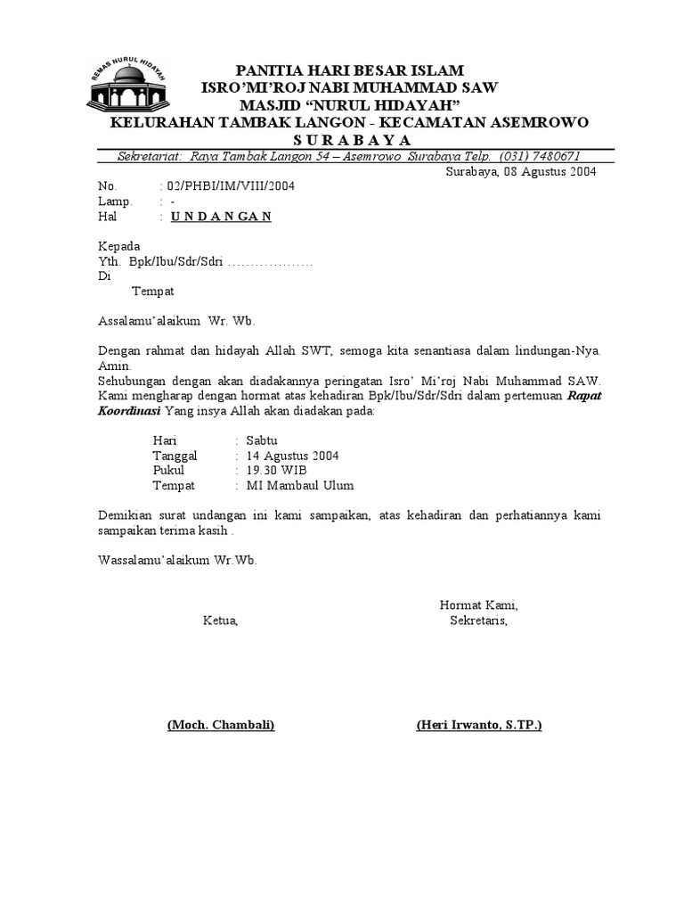 Contoh Surat Undangan Resmi Isra Miraj