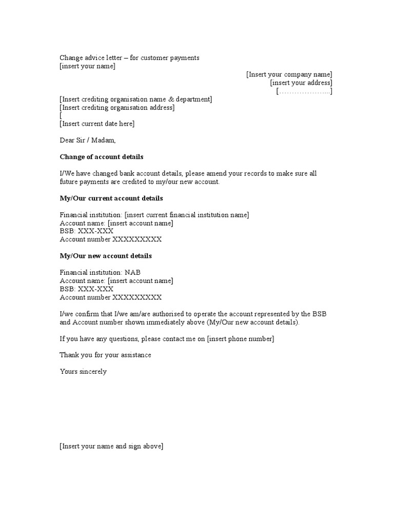 Change Advice Letter For Customer Payments Banking Financial Services