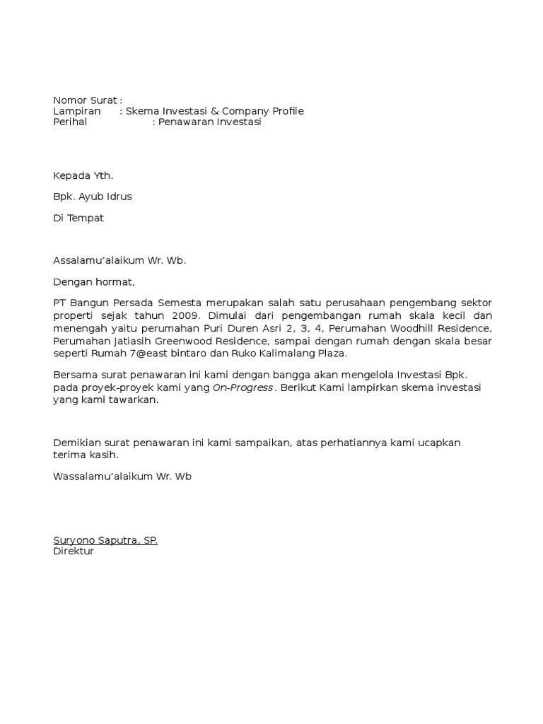 Contoh Surat Penawaran Investasi