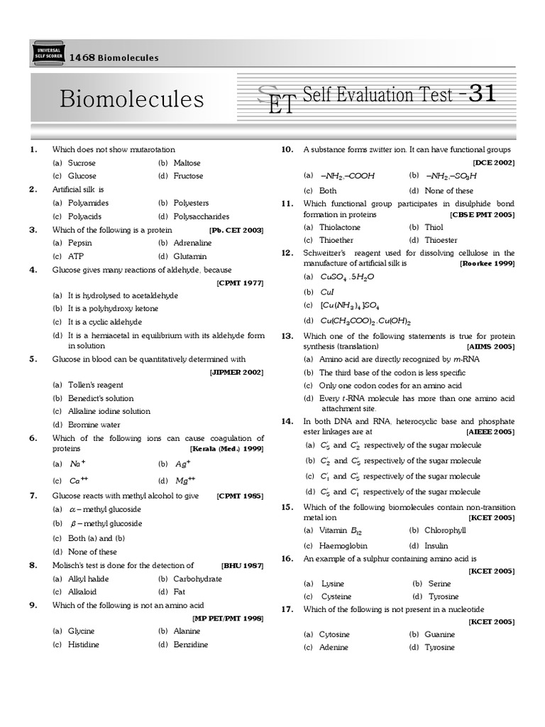 04 Biomolecules Set Test Final E Biomolecules Carbohydrates