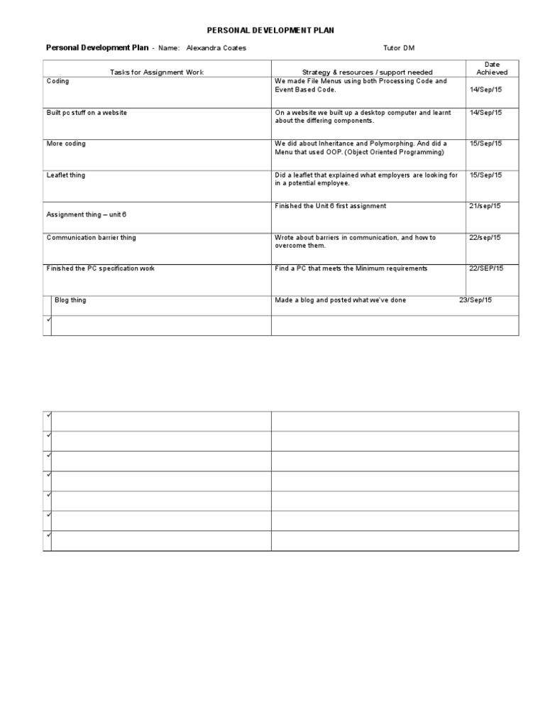 Personal Development Plan Tasks | PDF | Art | Computers