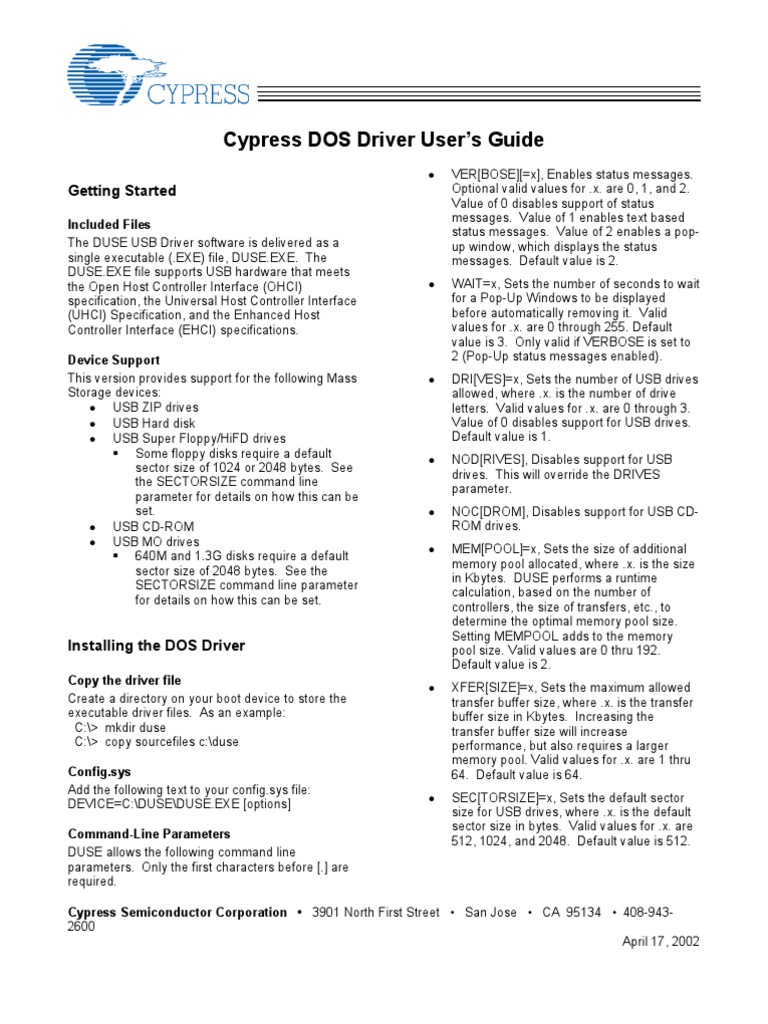 Cypress DOS Driver User's Guide | PDF | Command Line Interface | Dos