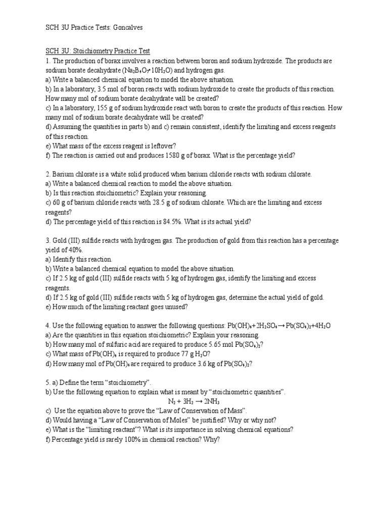 Sch 3u stoichiometry practice test pdf stoichiometry mole unit 