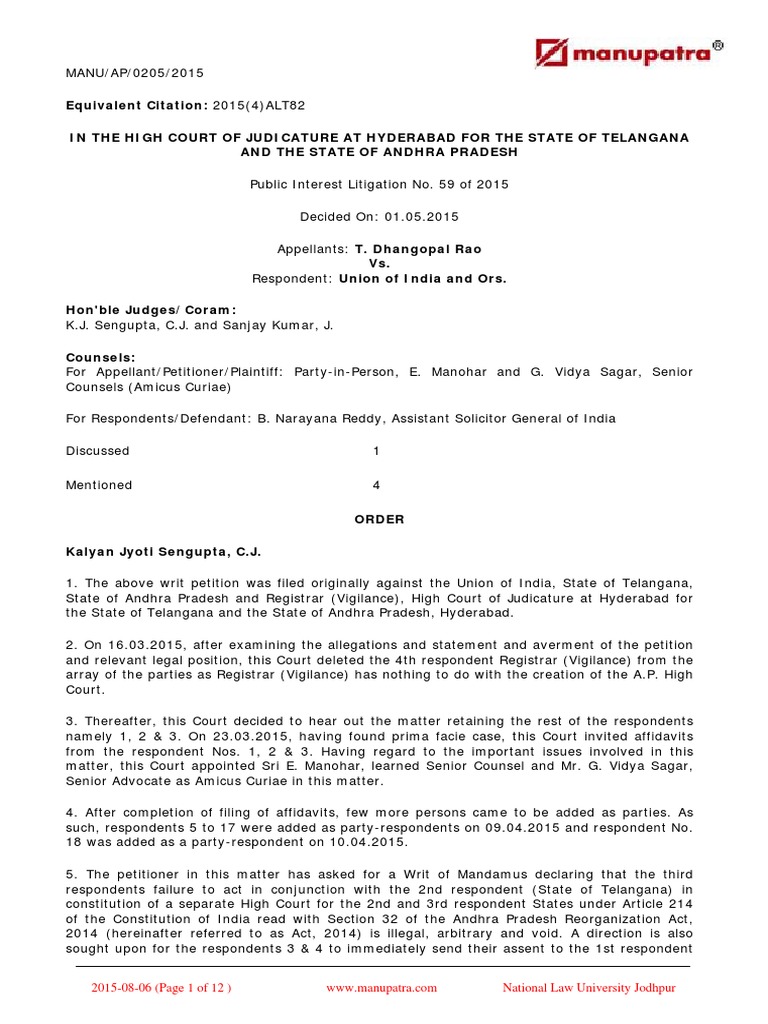 Separate AP HC Supreme Courts Government Of India