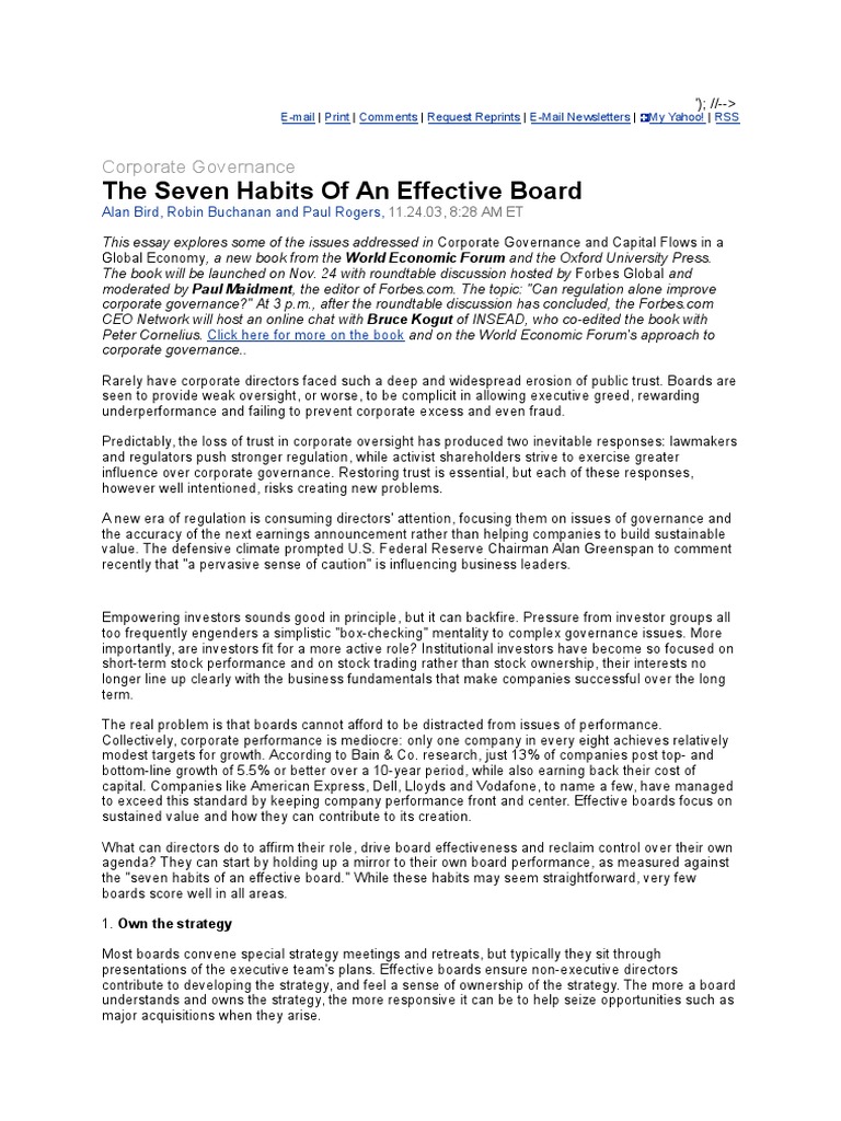 Seven Habits of Effective Boards | PDF | Board Of Directors | Mergers ...