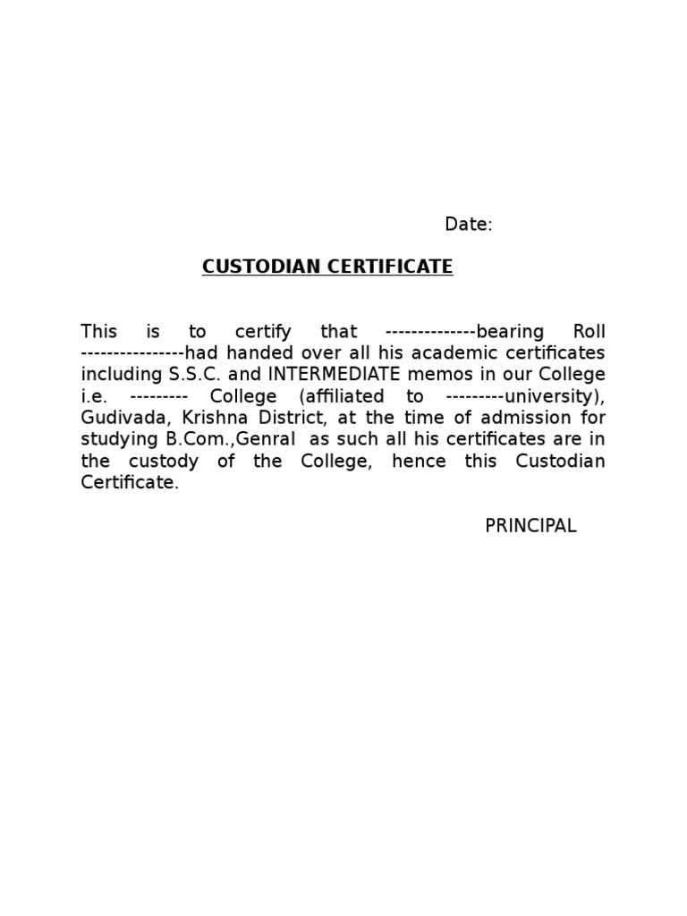 Custodian Certificate