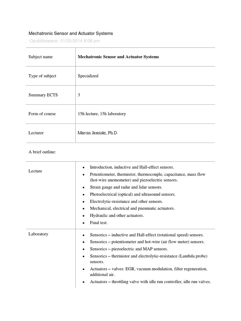 Mechatronic Sensor and Actuator Systems | PDF