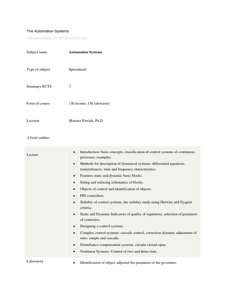 Automation Systems Course Overview | PDF | Science & Mathematics ...
