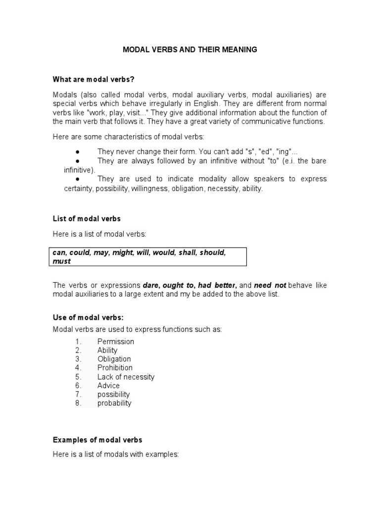 Modal Verbs and Their Meaning | PDF | Linguistic Morphology | Semantic ...