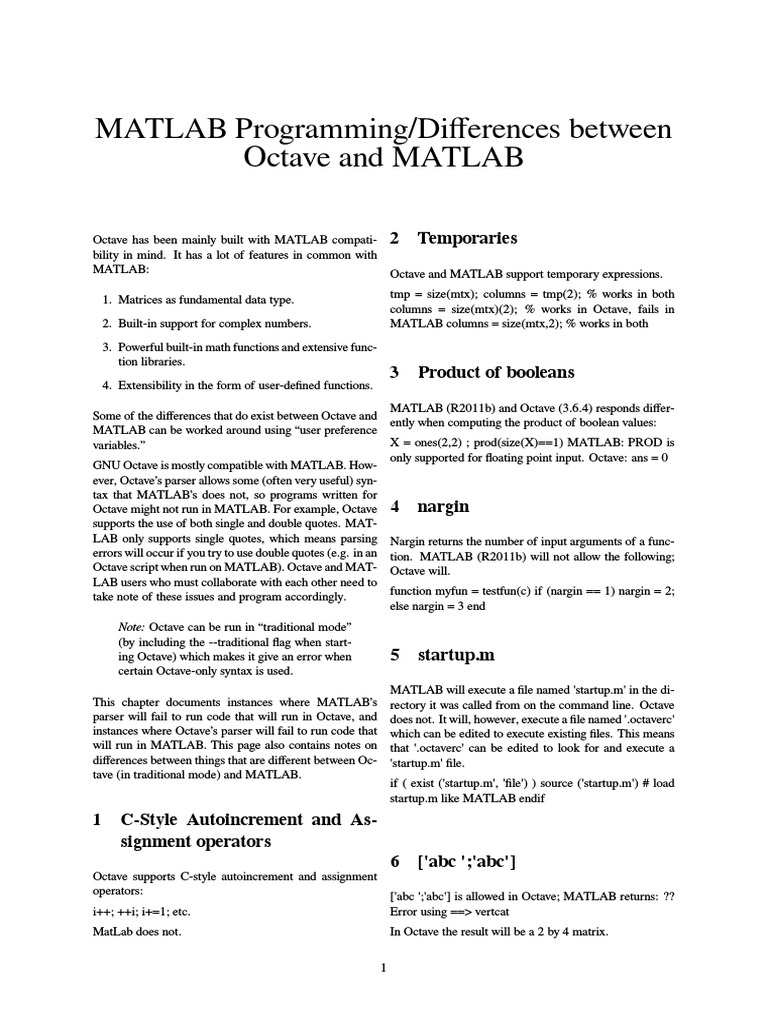 MATLAB Programming Differences Between Octave and MATLAB PDF Matlab