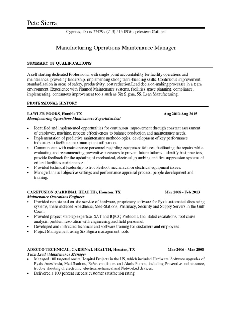 Manufacturing Operations Maintenance Manager in Houston TX ...