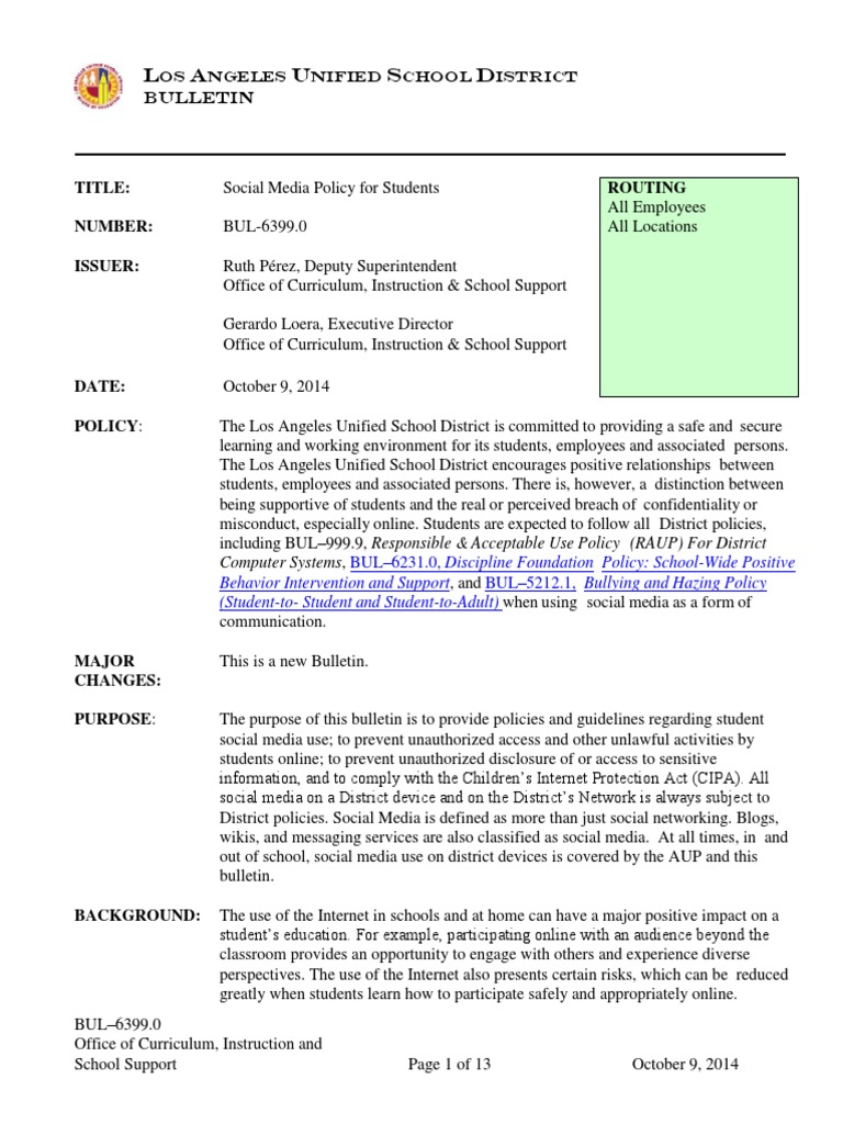 LAUSD Social Media Policy For Students PDF Social Media Popular