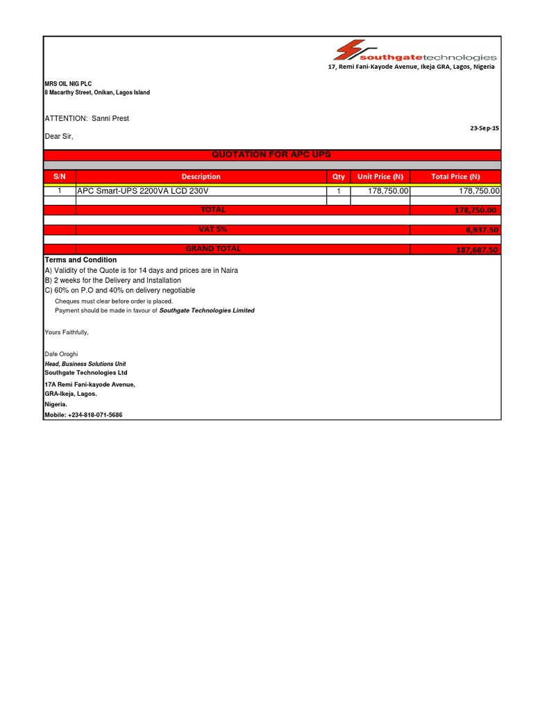 Quotation for APC UPS System | PDF