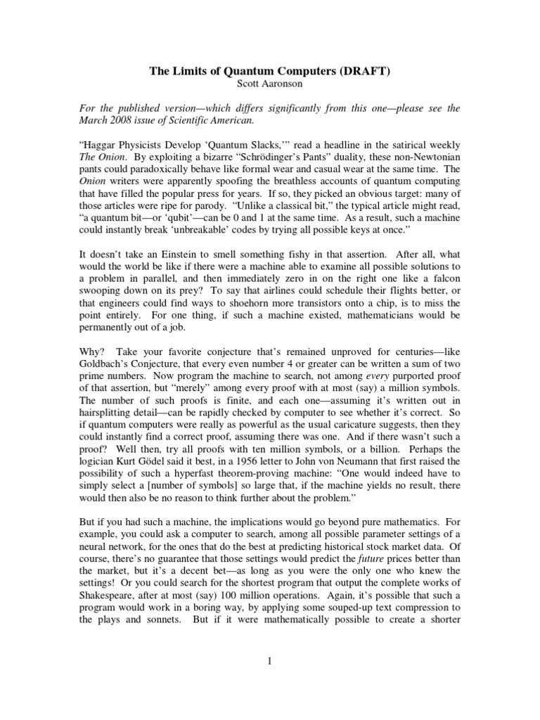 The Limits of Quantum Computers (DRAFT) Scott Aaronson ...