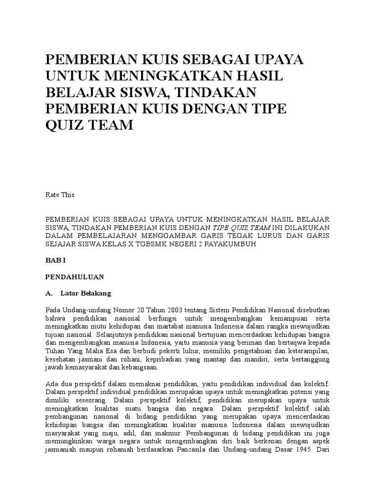 Pemberian Kuis Sebagai Upaya Untuk Meningkatkan Hasil Belajar Siswa