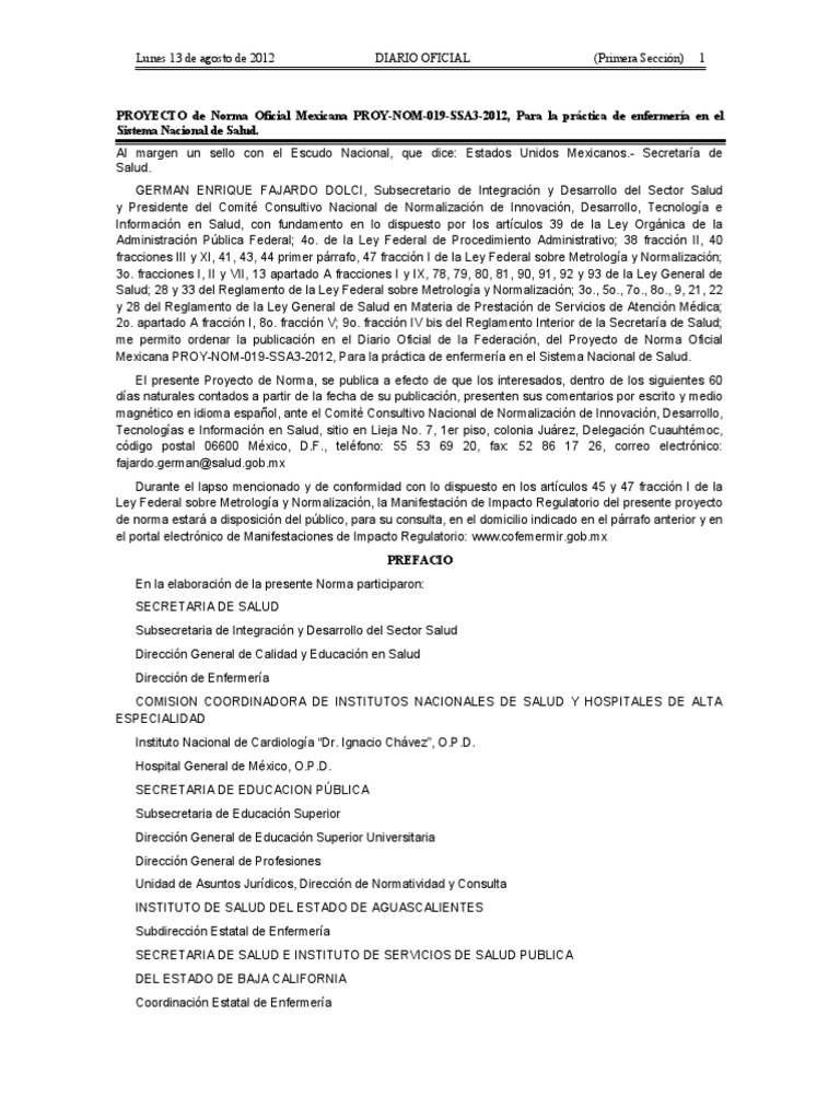 PROYNOM019SSA32012 (Enfermeras) PDF Enfermería