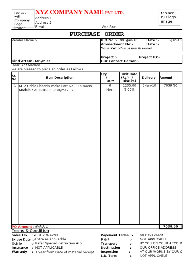 Purchase Order Format With Grn Pdf Receipt Invoice