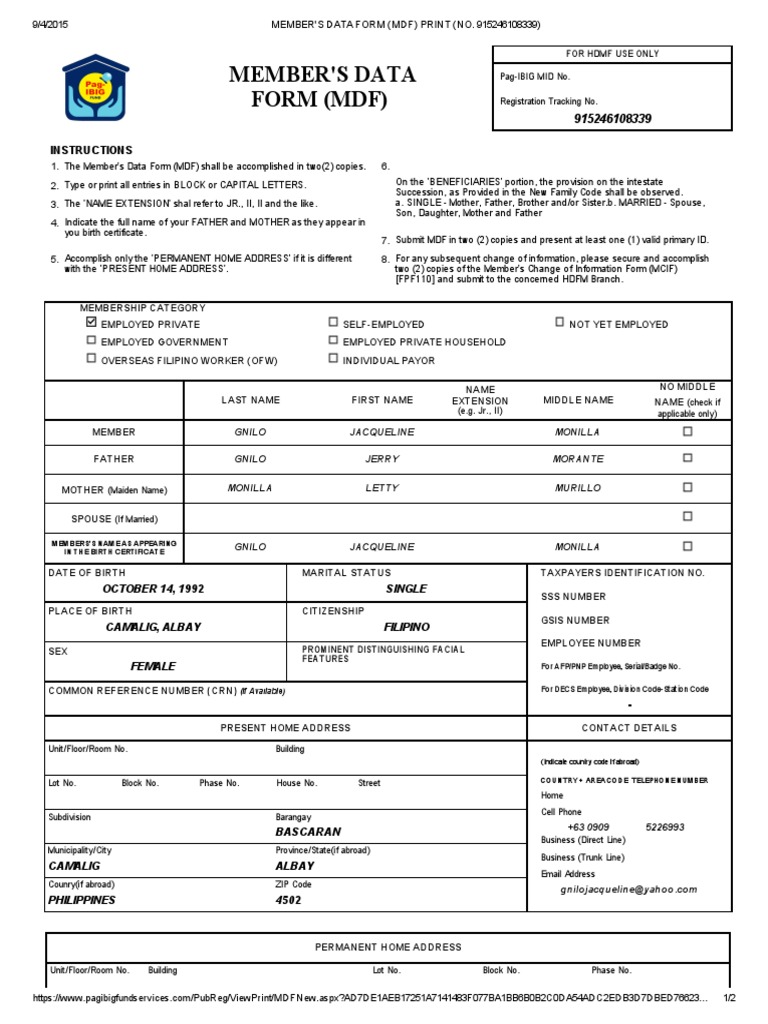 Member's Data Form (MDF) Print (No | PDF | Government | Social Institutions