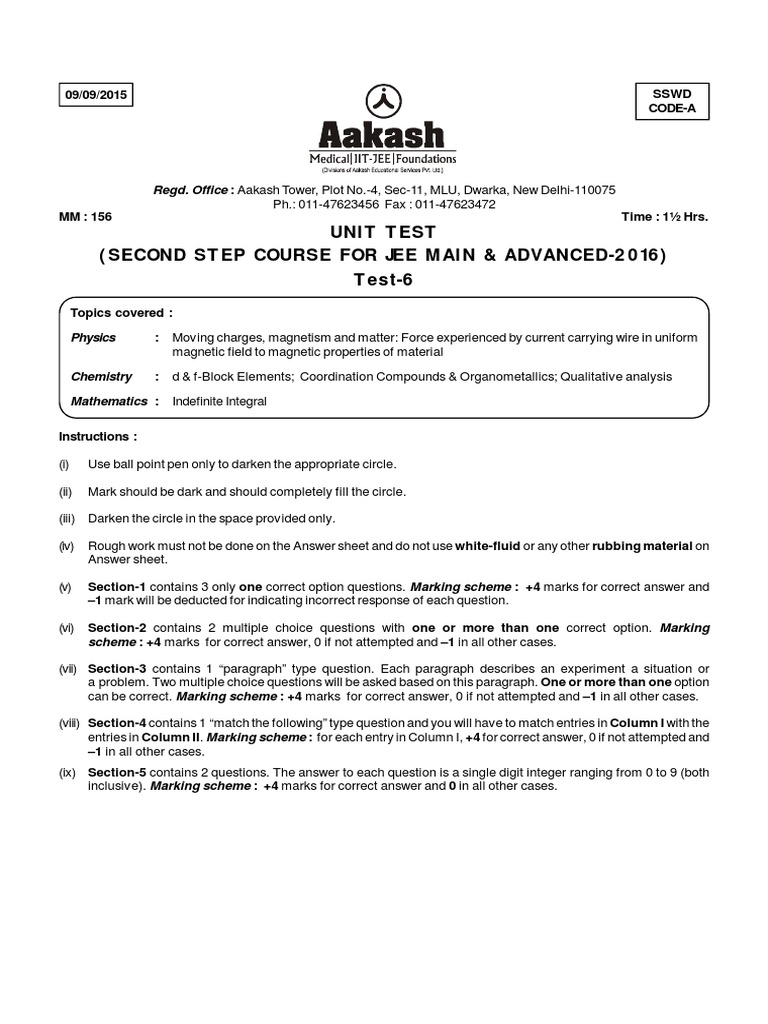 Unit Test-6 SSWD - Code-A (DT 09-09-2015) | PDF | Trigonometric ...