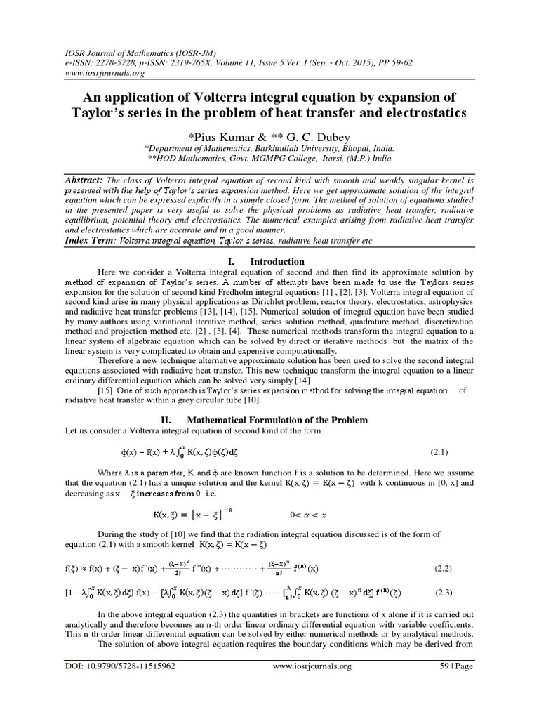 An Application Of Volterra Integral Equation By Expansion Of Taylor S