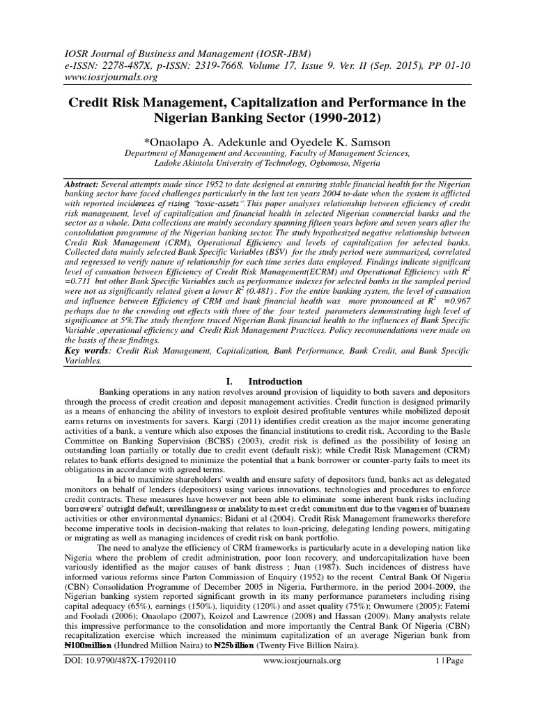 Credit Risk Management, Capitalization and Performance in The Nigerian ...