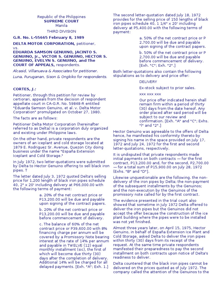 Delta Motor Corp. vs. Genuino & CA, G.R. No. 55665, February 8, 1989
