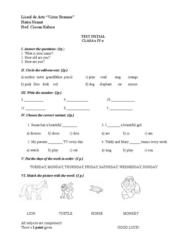 Initial Test for 4th Grade Students | PDF | Teaching Methods & Materials