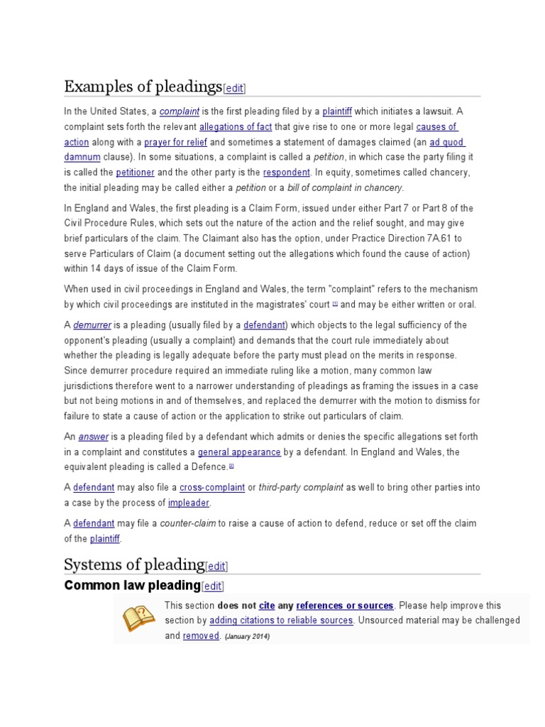 Examples of Legal Pleadings | PDF | Pleading | Demurrer