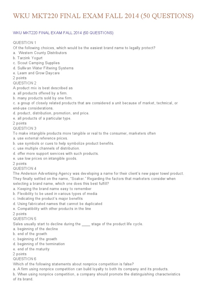 Wku Mkt220 Final Exam Fall 2014 (50 Questions) PDF Business
