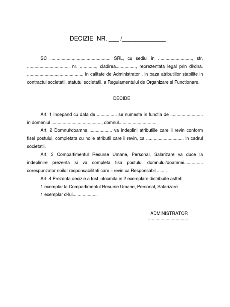 Model Decizie Interna De Numire In Functie