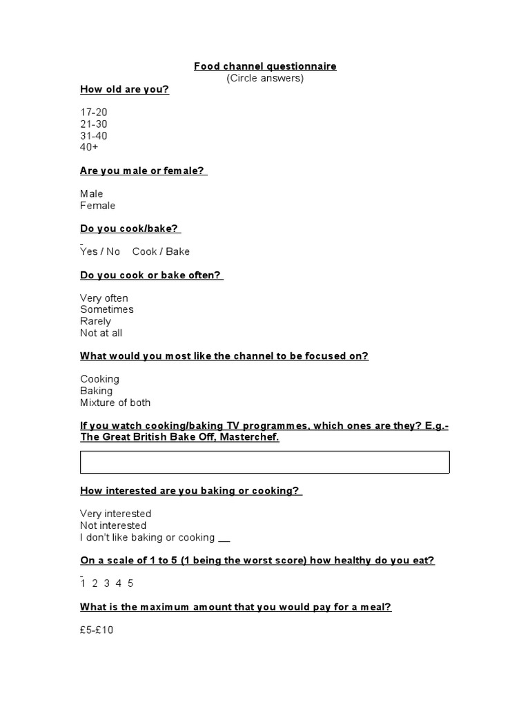 Food Channel Audience Survey Questionnaire | PDF | Cooking, Food & Wine