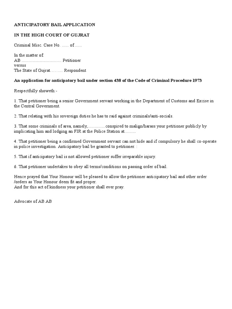 Anticipatory Bail Application in Gujrat | PDF