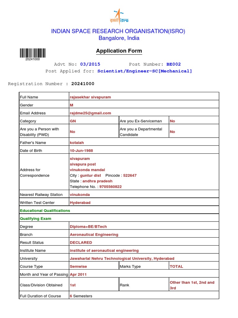 ISRO Application Form for Engineer Post | PDF | Career & Growth | Computers