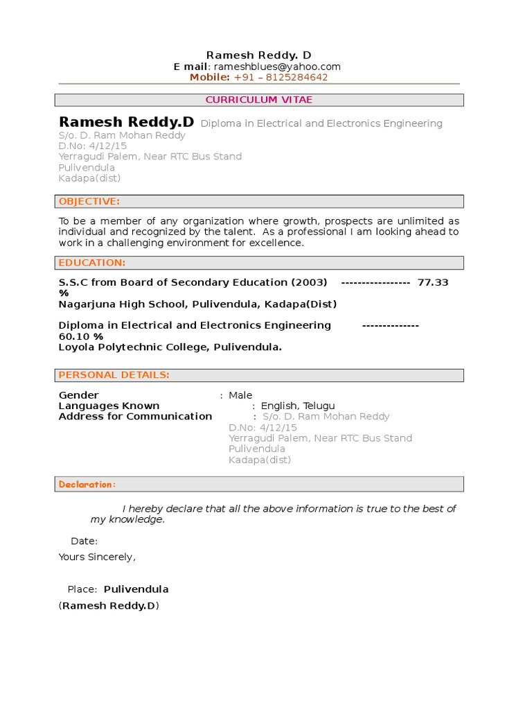 Ramesh Reddy's Electrical Engineering CV | PDF | Technology & Engineering