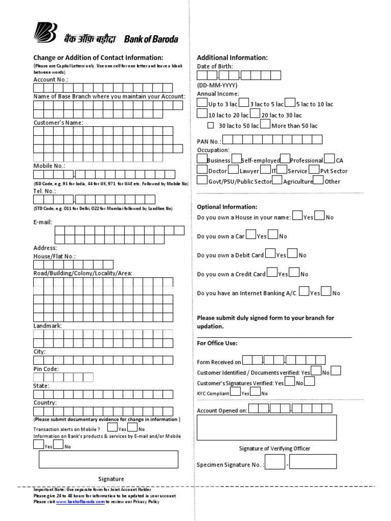 Myke Top Ten Bank Of Baroda Application Form For Change In